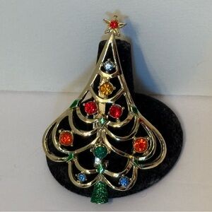 BEATRIX BROOCH PIN CHRISTMAS TREE VINTAGE SIGNED GOLD WITH RED BLUE RHINESTONES